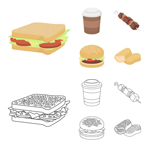 Sandwich, coffee, shish kebab, burger.Fast food set collection icons in cartoon, outline style vector symbol stock illustration web . - Stok Vektor