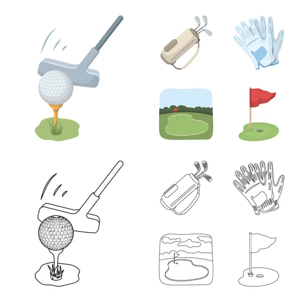 Uma bola com um clube de golfe, um saco com paus, luvas, um campo de golfe. Golf clube conjunto ícones de coleção em desenhos animados, esboço estilo vetor símbolo ilustração web . —  Vetores de Stock