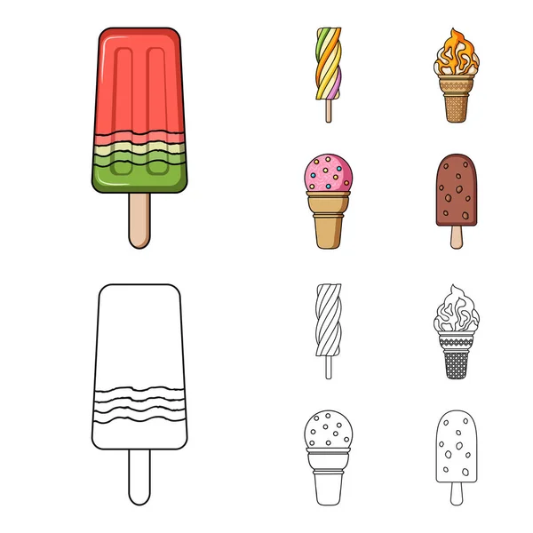 Fagylalt a bottal, egy waffle kúp és más fajok. Ice cream készlet ikonok gyűjtemény rajzfilm, vázlat stílusú vektor szimbólum stock illusztráció web. — Stock Vector