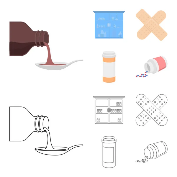 糖浆放在勺子, 石膏, 蜂蜜, 医疗柜里。医学集合图标在卡通, 轮廓风格矢量符号股票插画网站. — 图库矢量图片