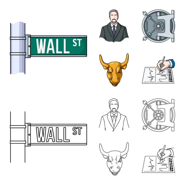 Wall Street, um homem de negócios, um cofre do banco, um touro de ouro. Dinheiro e finanças conjunto coleção ícones em desenhos animados, esboço estilo vetor símbolo estoque ilustração web . — Vetor de Stock