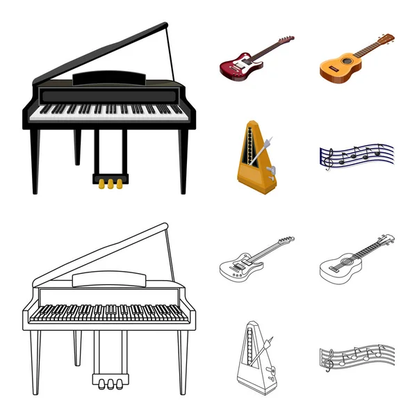 Musikinstrument tecknad, disposition ikoner i set samling för design. Sträng- och blåsinstrument isometrisk vektor symbol stock web illustration. — Stock vektor