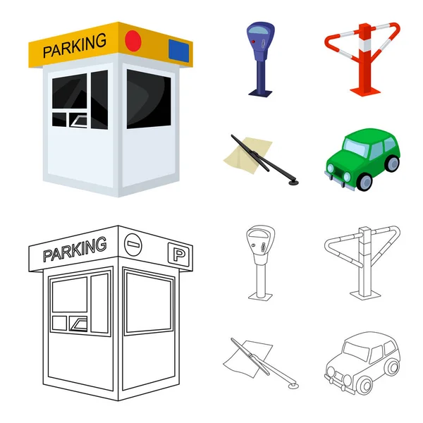 Un estacionamiento, un parquímetro, un cheque por servicios, una barrera. Zona de aparcamiento conjunto de iconos de colección en dibujos animados, contorno estilo vector símbolo stock ilustración web . — Vector de stock
