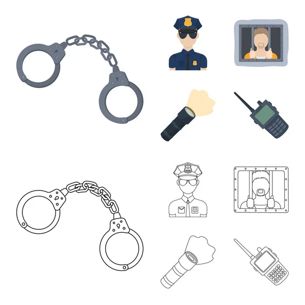 Esposas, policía, prisionero, linterna. La policía establece iconos de colección en dibujos animados, contorno estilo vector símbolo stock ilustración web . — Archivo Imágenes Vectoriales