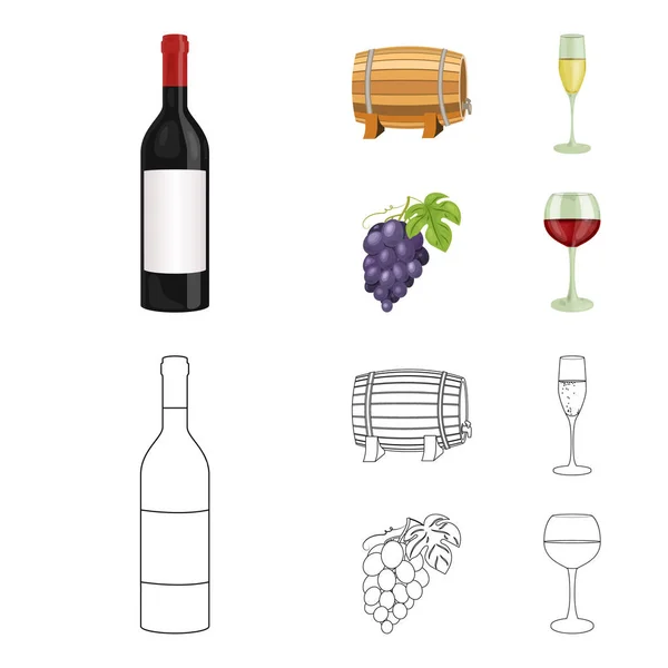 Пляшка червоного вина, винна бочка, келих шампанського, пучок. Виробничий набір колекційних значків у мультфільмі, контурний стиль Векторний символ стокової ілюстрації веб . — стоковий вектор