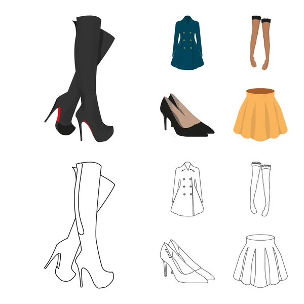 Botas altas de mujer, abrigos en botones, medias con una banda elástica con un patrón, zapatos de tacón alto. Mujeres ropa conjunto colección iconos en dibujos animados, contorno estilo vector símbolo stock ilustración web . — Archivo Imágenes Vectoriales