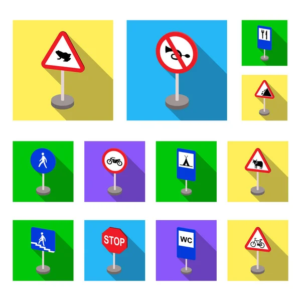 Verschiedene Arten von Verkehrsschildern flache Symbole in Set Sammlung für Design. Warn- und Verbotsschilder Vektor Symbol Stock Web Illustration. — Stockvektor