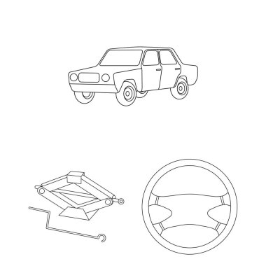 Araba, araç anahat simgeleri toplama tasarımı için ayarlayın. Araba ve ekipman sembol stok web illüstrasyon vektör.
