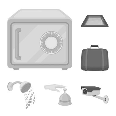 Otel ve ekipman tek renkli simgeler set koleksiyonu tasarım için. Otel ve konfor sembol stok web illüstrasyon vektör.