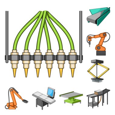 Ekipman ve makine karikatür simgeleri set koleksiyonu tasarım için. Fabrika vektör simge stok web çizim teknik ilerleme.