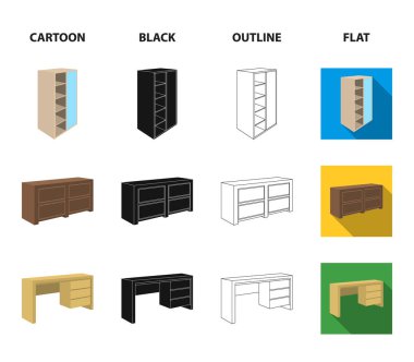 İle mezzanines ile raf ayna, dolap, dolap. Yatak Odası Mobilya koleksiyonu Icons set çizgi film, siyah, anahat, düz stil vektör simge stok çizim web.