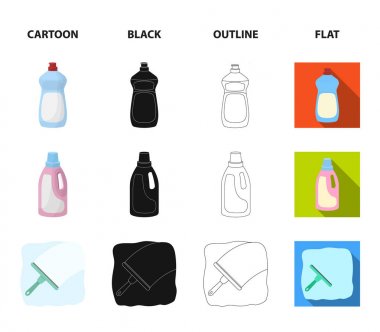 Çamaşır Temizleme, cam için bir fırça, çöp ve atık için siyah bir çanta için pembe şişe, sarı eldiven için jel. Stil vektör simge stok temizleme küme toplama simgeler çizgi film, siyah, anahat, düz