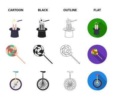 Lolipop, eğitimli fok, snack tekerlek üzerinde monocycle. Sirk koleksiyonu Icons set çizgi film, siyah, anahat, düz stil vektör simge stok çizim web.