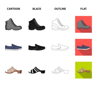 Ayakkabı çeşitli simgeler kümesi. Farklı ayakkabı tek simge çizgi film, siyah, anahat, düz stil vektör web simge stok çizim.