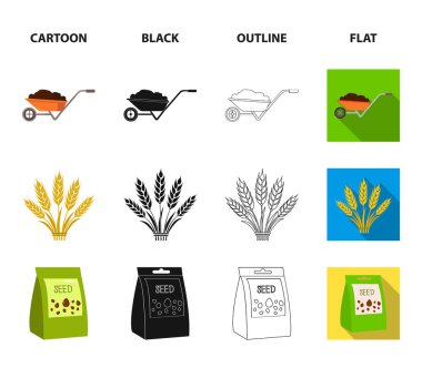 Spikelets buğday, bir paket tohum, traktör, eldiven. Çiftlik toplama Icons set çizgi film, siyah, anahat, düz stil vektör simge stok çizim web.