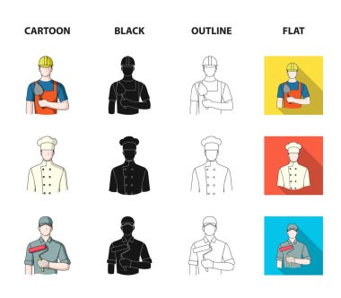 Aşçı, ressam, öğretmen, çilingir makinist. Meslek koleksiyonu Icons set çizgi film, siyah, anahat, düz stil vektör simge stok çizim web.