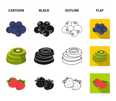 Meyve ve diğer gıda. Yiyecek toplama Icons set çizgi film, siyah, anahat, düz stil vektör simge stok çizim web.