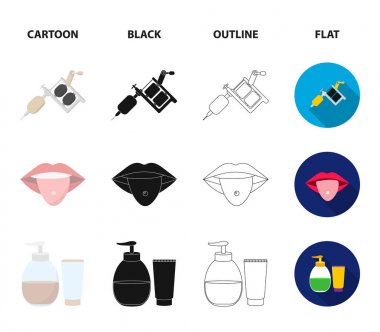 Piercing dil, jel, sallon. Dövme koleksiyonu Icons set çizgi film, siyah, anahat, düz stil vektör simge stok çizim web.