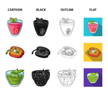 Tatlı Bulgar biber, vitamin içeceği, reçel Ahududu ve nane yaprakları ile karpuz bir parçası. Vejetaryen yemekleri koleksiyonu Icons set çizgi film, siyah, anahat, düz stil vektör simge stok