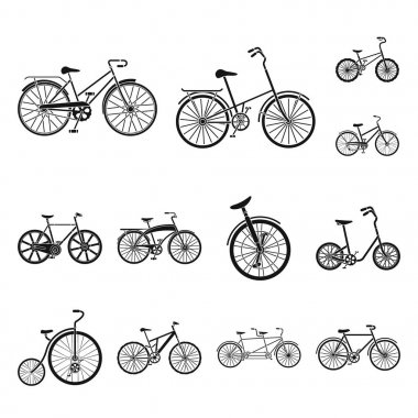 Çeşitli Bisiklet set koleksiyonu tasarım için simgeler siyah. Ulaşım vektör simge stok web örnek tür.