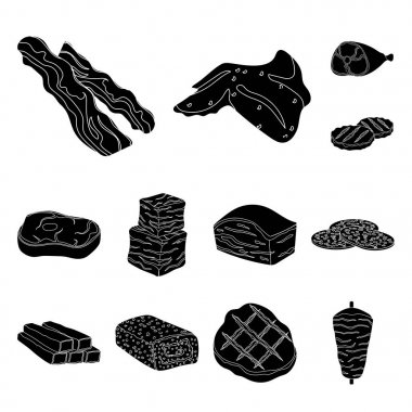 Set koleksiyonu tasarım için farklı et siyah simgeler. Et ürün vektör simge stok web çizimi.