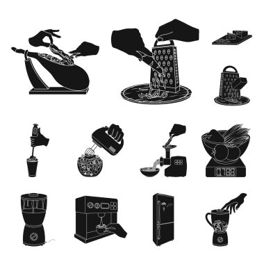 Set koleksiyonu tasarım için Pişirme Gıda siyah simgeler. Mutfak, cihazlar ve sembol stok web illüstrasyon vektör.