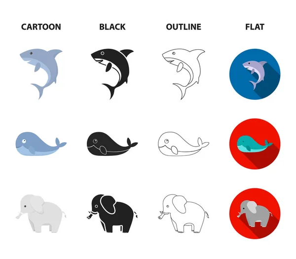 Φάλαινα, ελέφαντας, fox, φίδι. Ζώο που συλλογή εικονιδίων στο μαύρο, περίγραμμα, γελοιογραφία, επίπεδη στυλ διάνυσμα σύμβολο μετοχής εικονογράφηση web. — Διανυσματικό Αρχείο
