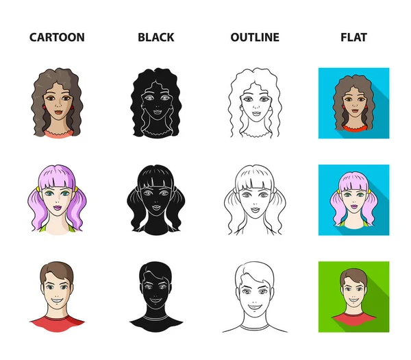 Diferentes olhares de jovens pessoas.Avatar e ícones de coleção de conjuntos de rosto em desenhos animados, preto, contorno, estilo plano símbolo vetorial web ilustração estoque . —  Vetores de Stock
