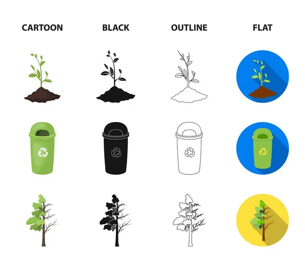 Popelnice, nemocné strom, větrná turbína, klíč k vozu bio. Bio a ekologie sada kolekce ikon v karikatuře, černá, obrys, plochý vektor symbol akcií ilustrace web. — Stockový vektor