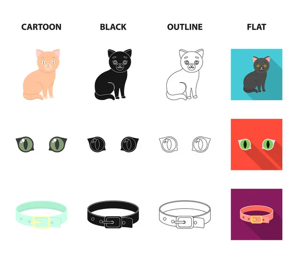Kočičí oči, obojek, dům pro kočku, medaile na stuze. Kočka sada kolekce ikon v karikatuře, černá, obrys, plochý vektor symbol akcií ilustrace web. — Stockový vektor