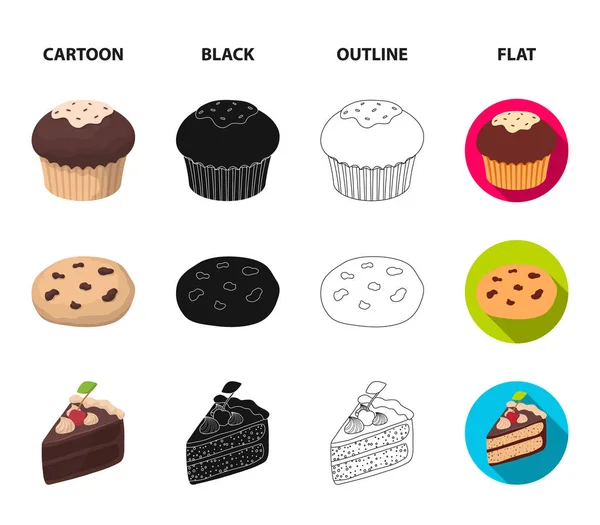 Amerikan kurabiye, kek, şeker, gofret tübül bir parçası. Çikolatalı tatlılar koleksiyonu Icons set çizgi film, siyah, anahat, düz stil vektör simge stok çizim web. — Stok Vektör