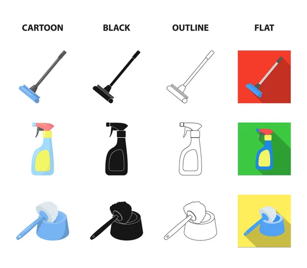 Cleaning and maid cartoon, black, outline, flat icons in set collection for design. Оборудование для очистки векторного символа . — стоковый вектор
