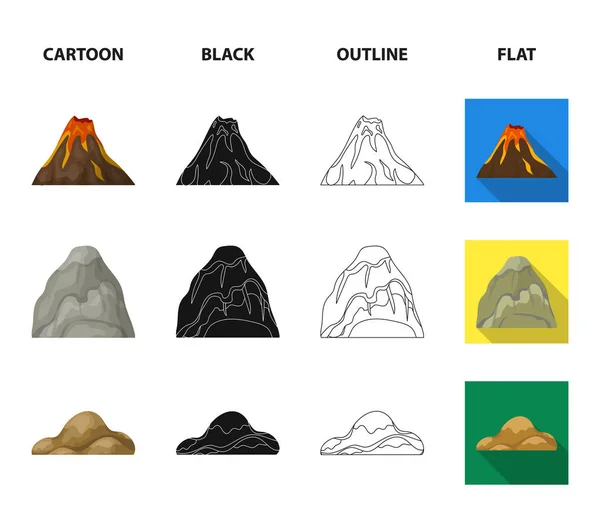 Stenblock, ett rundade berg, klippor i havet. Olika bergen som samling ikoner i tecknad, svart, disposition, platt stil vektor symbol stock illustration web. — Stock vektor