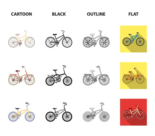 Kinder Fahrrad und andere Arten. Verschiedene Fahrräder setzen Sammlung Symbole in Cartoon, schwarz, Umriss, flachen Stil Vektor Symbol Stock Illustration Web. — Stockvektor