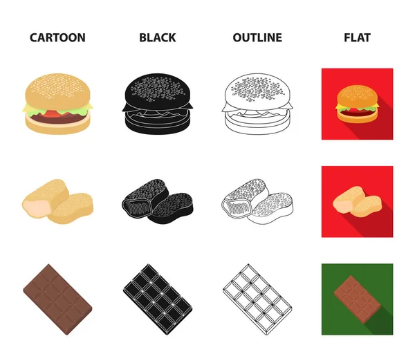 Schokolade, Nudeln, Nuggets, Sauce.Fast Food Set Sammlung Symbole in Cartoon, schwarz, Umriss, flachen Stil Vektor Symbol Stock Illustration Web. — Stockvektor
