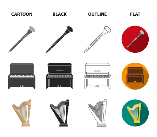 Banjo, pianoforte, arpa, metronomo. Strumenti musicali set icone di raccolta in cartone animato, nero, contorno, stile piatto vettore simbolo stock illustrazione web . — Vettoriale Stock