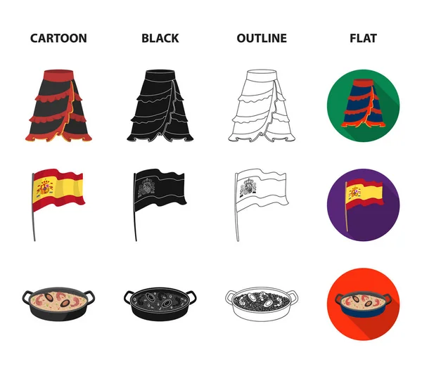 Bandera con el escudo de España, un plato nacional con arroz y tomates, una botella de vino con una copa, un torero, un matador. España país conjunto colección iconos en dibujos animados, negro, contorno, plano — Archivo Imágenes Vectoriales