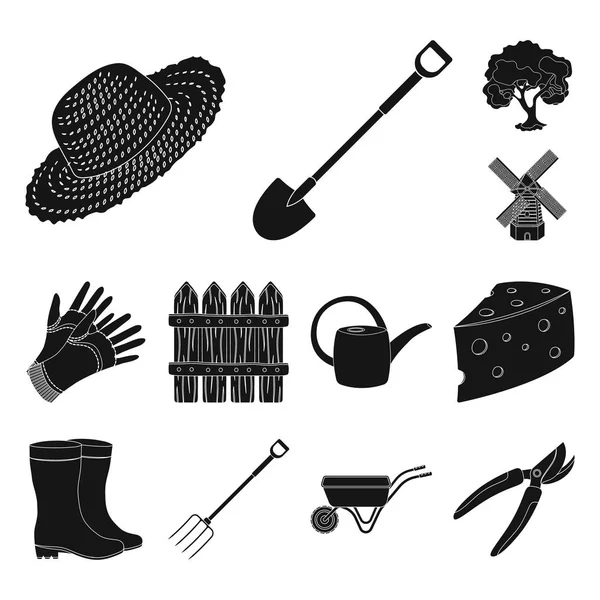 Boerderij en tuinieren zwarte pictogrammen in set collectie voor design. Boerderij en apparatuur symbool voorraad web vectorillustratie. — Stockvector