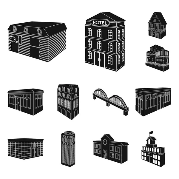 Épület és építészet fekete ikonok beállítása gyűjtemény a design. Az épület és a lakás vektor izometrikus szimbólum állomány honlap illusztráció. — Stock Vector