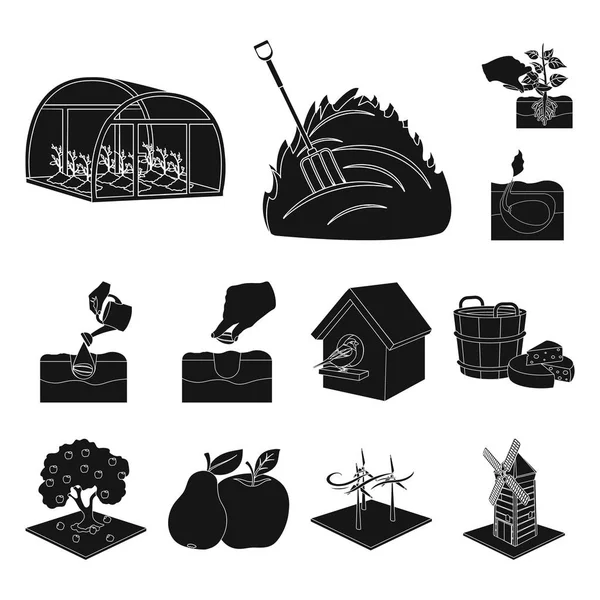 Ферма и сельское хозяйство черные иконы в коллекции наборов для дизайна. Иллюстрация садовых и растительных изометрических векторных символов . — стоковый вектор