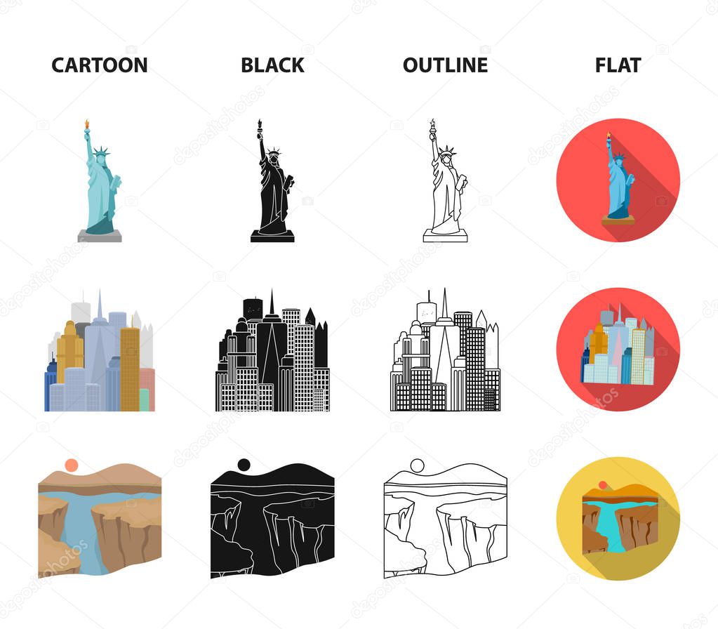 A megacity, a grand canyon, a golden gate bridge,donut with chocolate. The US country set collection icons in cartoon,black,outline,flat style vector symbol stock illustration web.