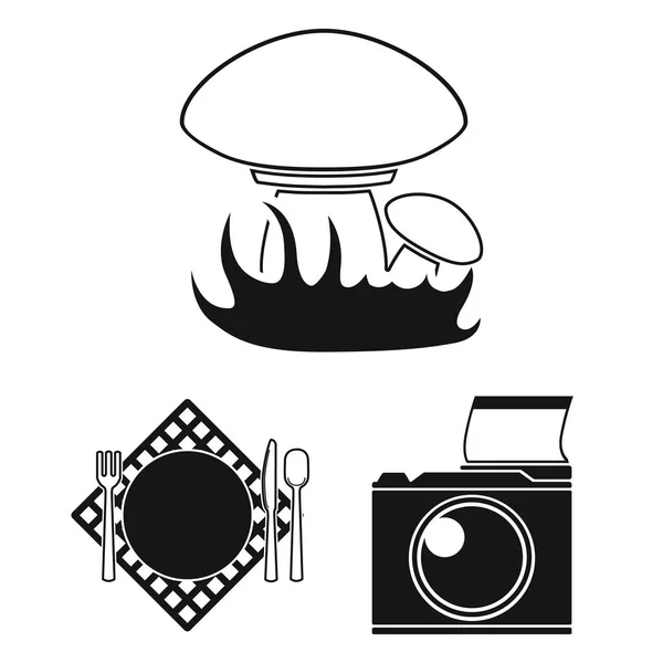 Piknik és berendezések fekete ikonok beállítása gyűjtemény a design. Piknik a természet vektor szimbólum állomány honlap illusztráció. — Stock Vector