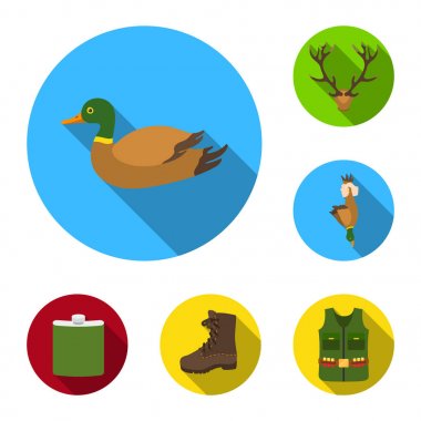 Düz set koleksiyonu tasarım için simgeleri Avcılık ve kupa. Avcılık ve ekipman sembol stok web illüstrasyon vektör.