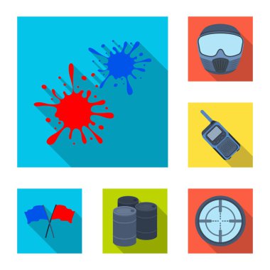 Paintball takım set koleksiyonu tasarım için oyun düz simgeler. Ekipman ve kıyafet sembol stok web illüstrasyon vektör.