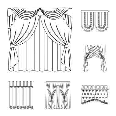 Perde çeşitleri set koleksiyonu tasarım için simgeleri anahat. Perdeler ve Saçakların sembol stok web illüstrasyon vektör.