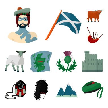 Set koleksiyonu tasarım için ülke İskoçya karikatür simgeler. Gezi, kültür ve gelenek sembol stok web illüstrasyon vektör.