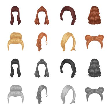 Sarışın bir grup, kırmızı dalgalı ve saç diğer türleri. Arka saç toplama simgeler çizgi film, tek renkli stil vektör simge stok çizim web ayarla..