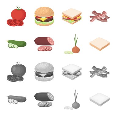 Burger ve malzemeler karikatür, set koleksiyonu tasarım için tek renkli simgeler. Vektör simge stok web illüstrasyon pişirme Burger.