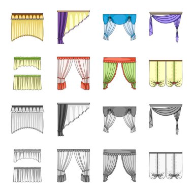 Pencere perdeleri farklı türleri. Perdeleri toplama simgeler çizgi film, tek renkli stil vektör simge stok çizim web ayarla..