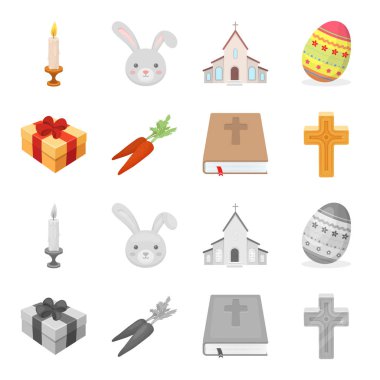 Çapraz İncil, hediye ve havuç. Paskalya toplama simgeler çizgi film, tek renkli stil vektör simge stok çizim web ayarla..